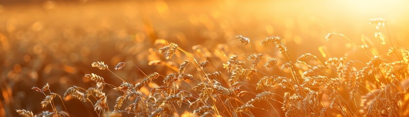 Golden field at sunrise with backlit grasses and warm sunlight creating a tranquil, serene autumn atmosphere. - Powered by Adobe
