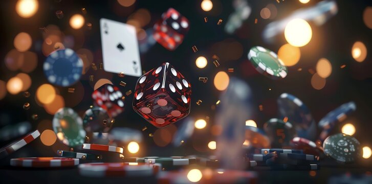 Poker cards, dice and chips flying on the table. with bokeh background