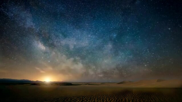 An amazing panoramic view of the Milky Way above Atacama Desert vast sand fields. An awe night sky view with our galaxy arm creating an arch in between the stars. An idyllic and motivational scenery.