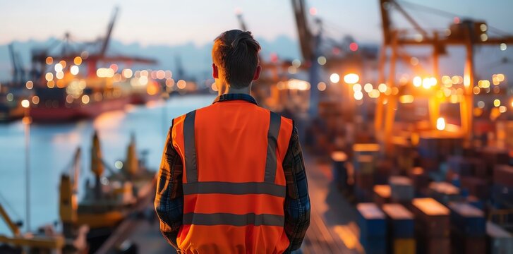 Gritty industrial scene of port with cargo containers and cranes, professional worker in high vis vest overlooking harbor at dusk, back view looking over shoulder towards camera