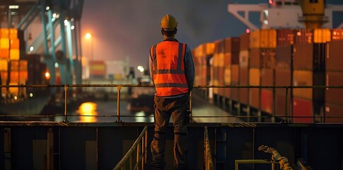 A photograph of a worker in an orange vest and helmet standing on the bridge deck, looking at cargo containers during loading onto ships at night
