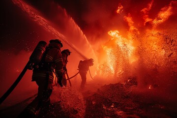 Firefighters fought a big fire, with water spraying from the hose in front of huge flames