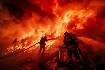 Firefighters fought a big fire, with water spraying from the hose in front of huge flames