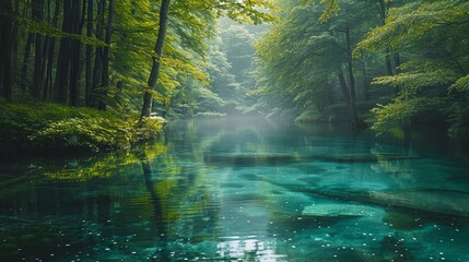 Obraz premium Tranquil river winding through a dense forest, overhanging trees and crystal clear water, serene and peaceful