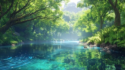 Obraz premium Tranquil river winding through a dense forest, overhanging trees and crystal clear water, serene and peaceful