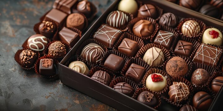 Box of assorted chocolates on a table with space for copying