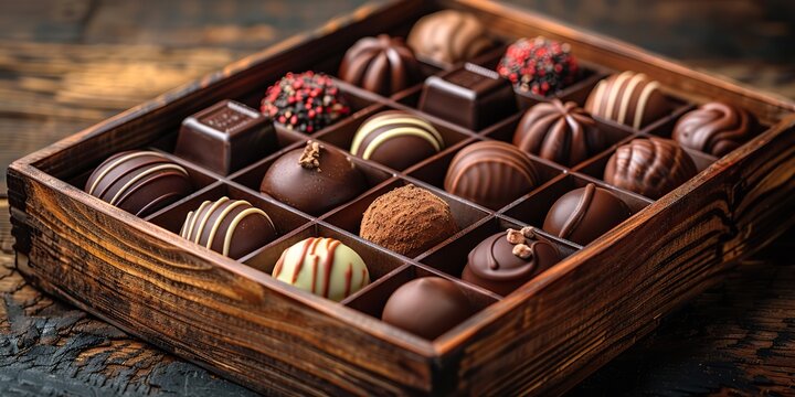 Box of assorted chocolates on a table with space for copying