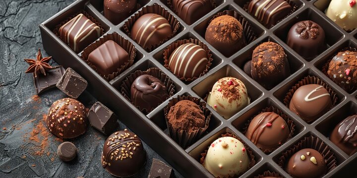 Box of assorted chocolates on a table with space for copying