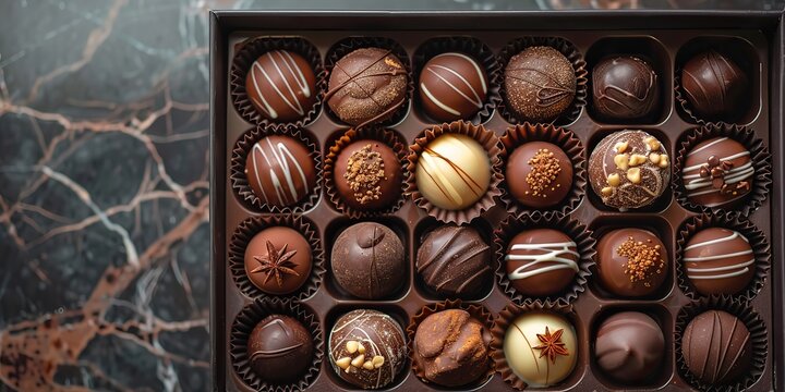 Box of assorted chocolates on a table with space for copying