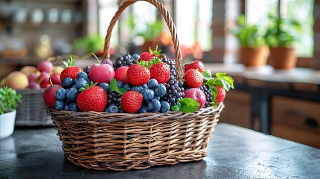 Basket of fresh fruits on a kitchen island and space for copying