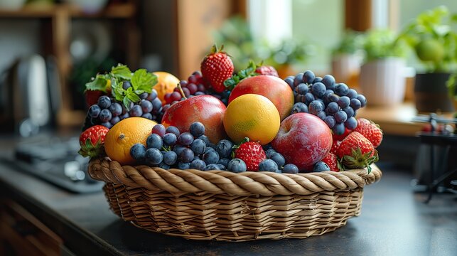 Basket of fresh fruits on a kitchen island and space for copying