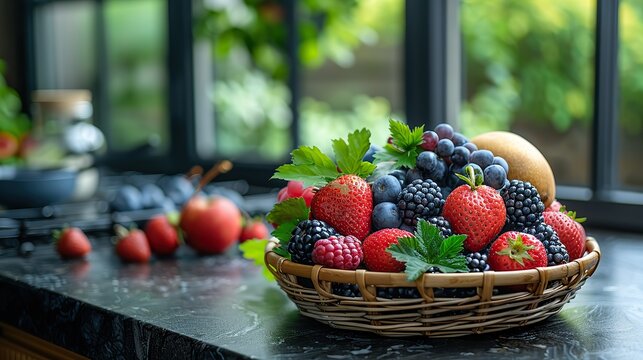 Basket of fresh fruits on a kitchen island and space for copying