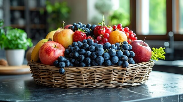 Basket of fresh fruits on a kitchen island and space for copying