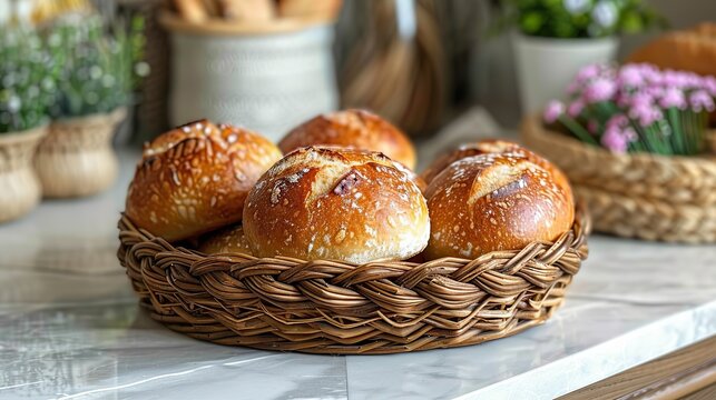 Basket of freshly baked bread on a counter and space for copying