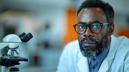 African American guy scientist in the laboratory looking through a microscope, British science week, banner