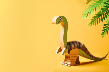 Fototapeta premium cute paper craft dinosaur with long neck and tail. Constructed from disposable paper, standing on cardboard supports. Fun activity for kids