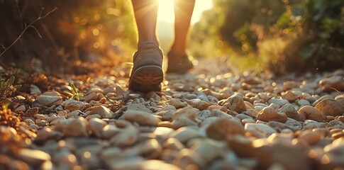 Close up of a man's feet walking on a pebbled path in a natural environment during the golden hour light