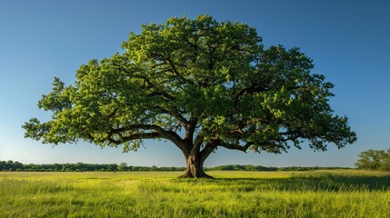 Fototapeta premium Majestic oak tree in an open meadow, sprawling branches and lush green leaves, under a clear blue sky