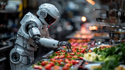 A robot chef preparing gourmet dishes with AI precision.