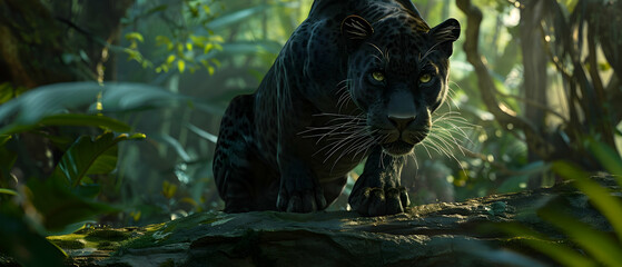 An elegant black panther crouched low on a rock, muscles tensed and eyes focused, with the dense undergrowth of a tropical forest providing a dramatic and shadowy backdrop