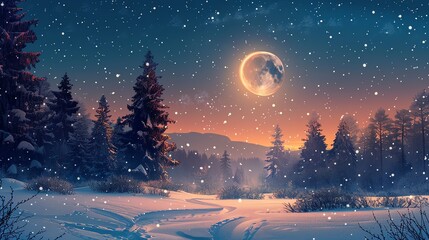 Naklejka premium Illustration of a winter night sky with twinkling stars and a full moon, serene and magical