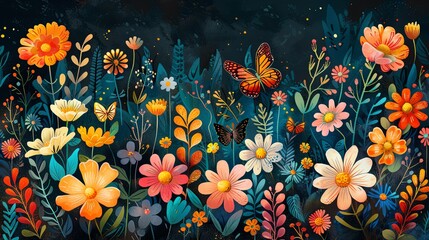 Obraz premium Illustration of a spring garden in full bloom, colorful flowers and butterflies, vibrant and cheerful
