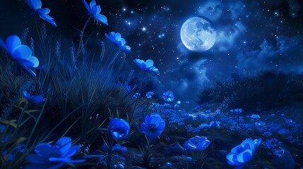Obraz premium Tranquil night scene with Blue Moon illuminating blue flowers and stars glowing with sapphire brilliance, oil painting effect focusing on serenity