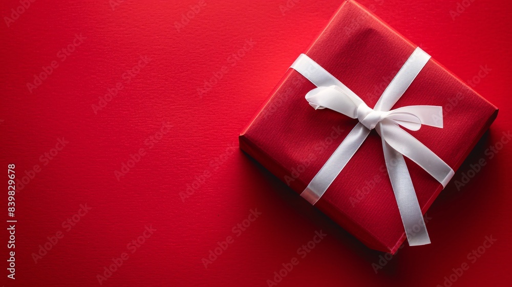 Poster Photo of a red gift box with a white ribbon on the right side, placed against a vibrant solid background. Web banner with space for copy in the top left corner in the style of copyspace.