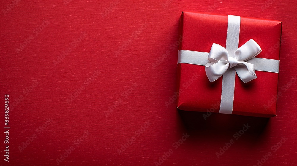 Poster photo of a red gift box with a white ribbon on the right side, placed against a vibrant solid backgr