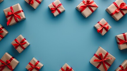 A blue background with small gift boxes tied with red ribbons, arranged in an asymmetrical pattern on the left side of the canvas. The gift box is made from brown paper and has a minimalist design.