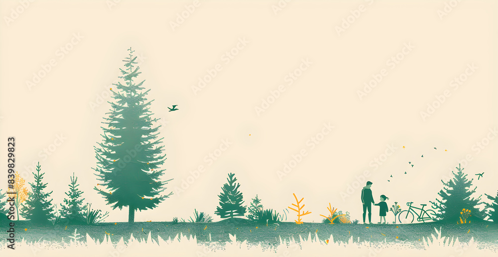 Poster a man and a child are walking in a forest with trees and birds
