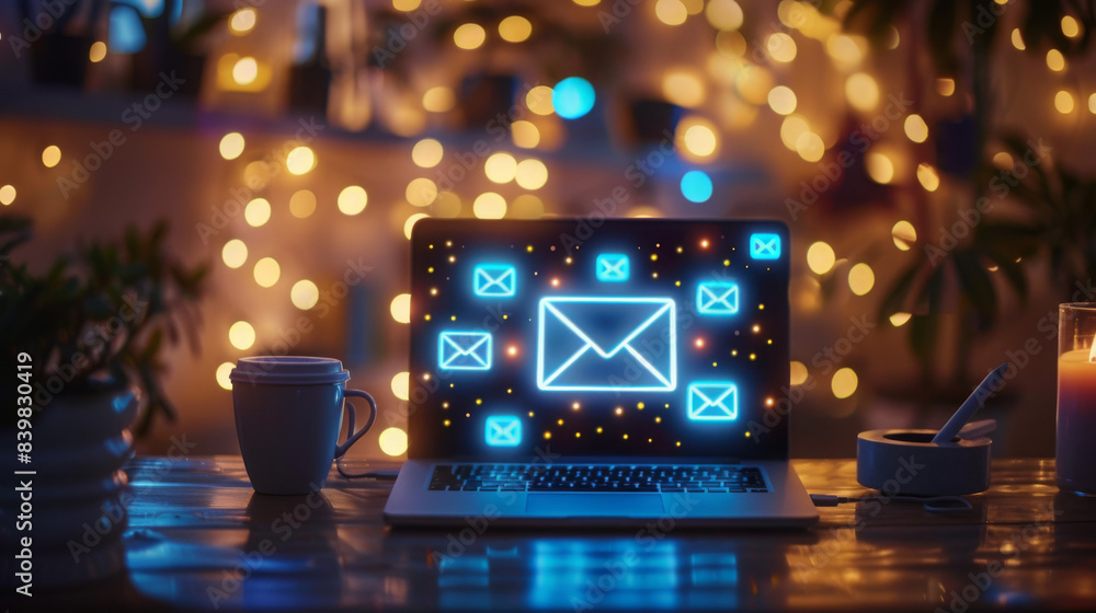 Poster laptop displaying glowing email icons in a comfortable bokeh setting