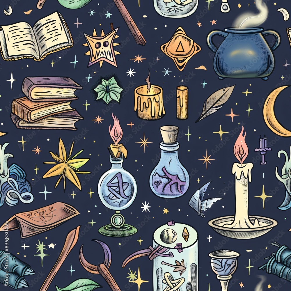 Poster a seamless pattern with various enchanted artifacts such as cauldrons, spell books, and mystical run