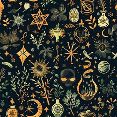 A seamless pattern of mystical symbols including hex signs, magical herbs, and cauldrons