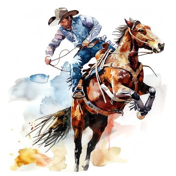 Watercolor painting of a cowboy riding a bucking horse