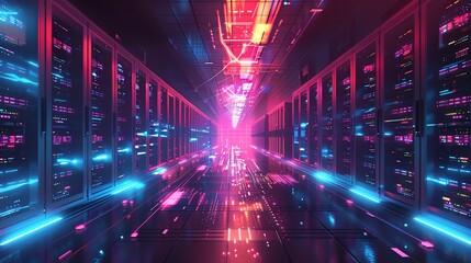 Illustration of a futuristic data center with servers and data flow, advanced technology infrastructure