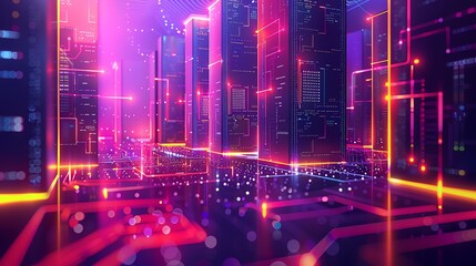 Illustration of a futuristic data center with servers and data flow, advanced technology infrastructure