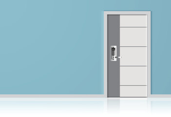 Interior decoration Gray and white door on a blue wall. digital door lock. vector design.