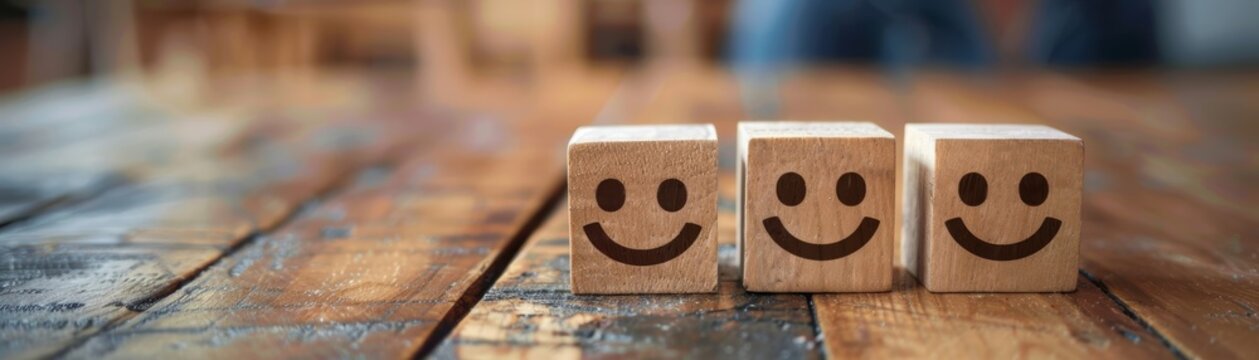 Retro-style wooden blocks with happy face symbols on a table, representing customer satisfaction and service rating