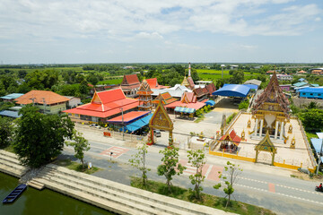 Aerial city view from flying drone at Wat Prem Prachakon ,Chiang Rak Noi, Bang Pa-in District, Phra Nakhon Si Ayutthaya,Thailand