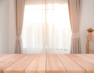 Fototapeta premium Wood table floor and Blurred background atmosphere front room light shining through the curtain in home.