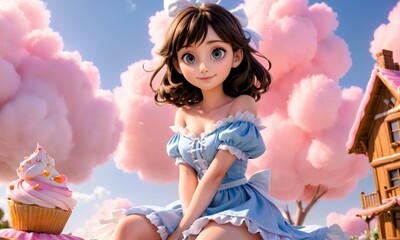 Cute girl with candy town above the clouds, 3D animation, background image	
