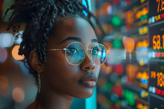 Young black female financier monitors stock market performance - Powered by Adobe