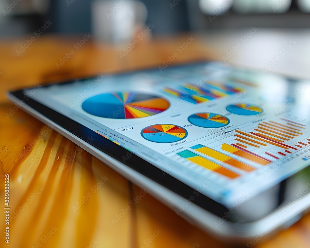 Poster e commerce analytics on digital tablet with graphs and data analysis for online business concept