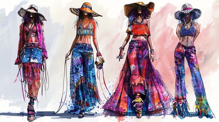 Naklejka premium Fashion sketch of a bohemian outfit, casual and stylish design, vibrant colors and intricate patterns