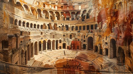 Naklejka premium Detailed sketch of an ancient Roman coliseum, rich colors and historical motifs, powerful and historical