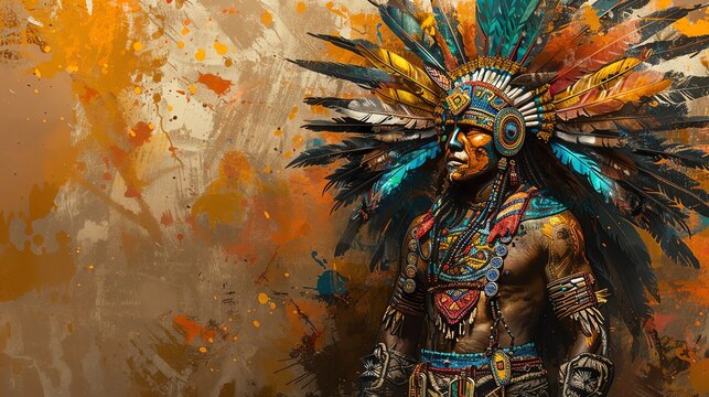 Detailed sketch of an Aztec warrior in traditional armor, rich colors and cultural motifs, powerful and historical