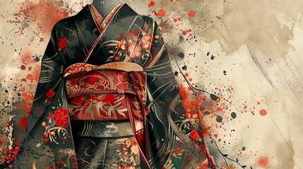 Naklejka premium Detailed sketch of a traditional kimono, intricate patterns and elegant design, cultural and vibrant