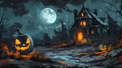 Detailed sketch of a spooky Halloween scene with a haunted house and jack-o'-lanterns, eerie and festive