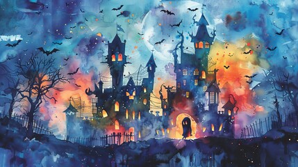 Cartoon vampire and mummy emerging from a spooky castle with watercolor bats and cobwebs watercolor style Isolated, white background surrounded Generative AI